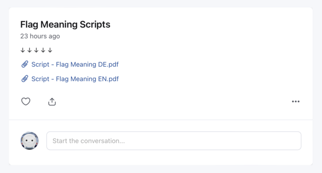 Post on a Patreon home feed with the title, "Flag Meaning Scripts" that was posted 23 hours ago and contains two PDF attachments:

Script - Flag Meaning DE.pdf
Script - Flag Meaning EN.pdf

No information on which creator the post is for.